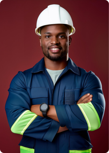 Firefly an happy Black technician wearing a navy blue work Uniform with reflective green and grey st(3) 1